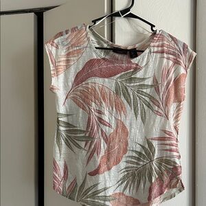 Tahari Pink and Green Leaf Print Short Sleeve Top